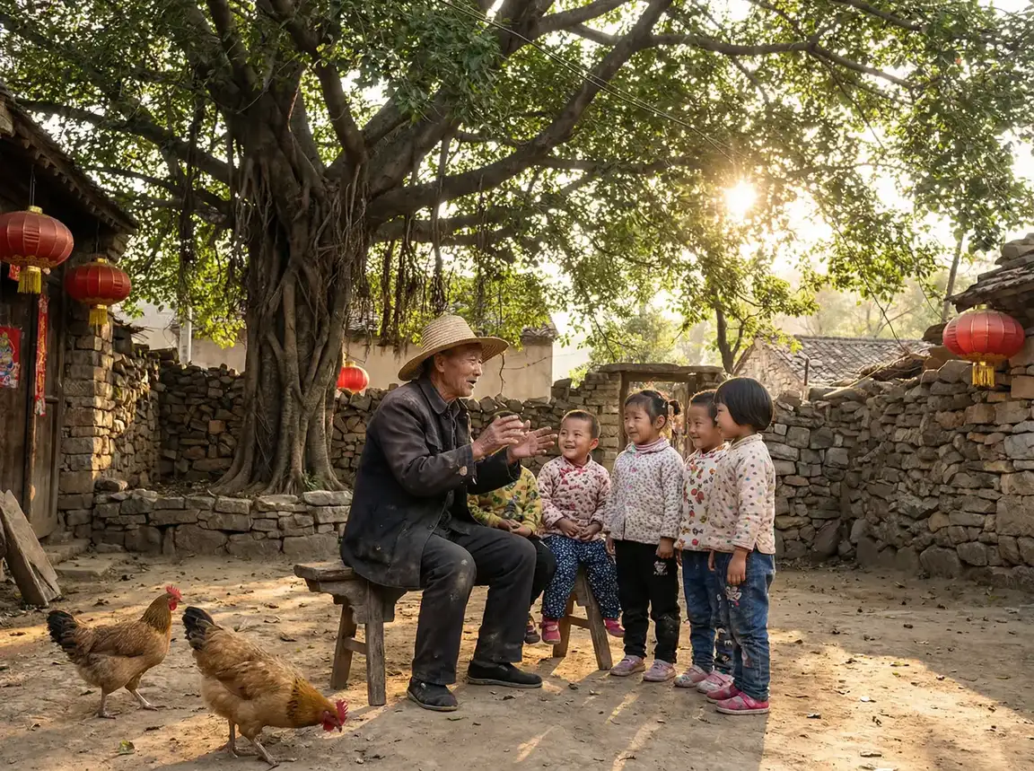 老人在大榕树下给孩子们讲故事 - 撸大师 乡村记忆